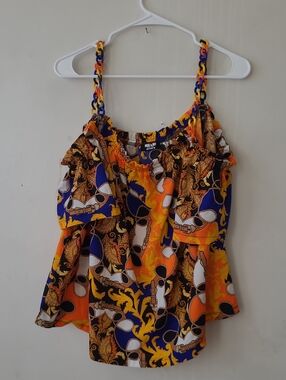 Bright Multicolor Printed Spaghetti-Strap Camisole - Orange & Blue